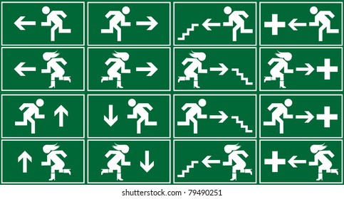 Green Emergency Exit Sign, Icon And Symbol Set