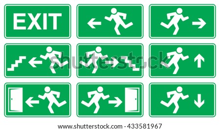 Green Emergency Exit Sign, Icon and Symbol Set