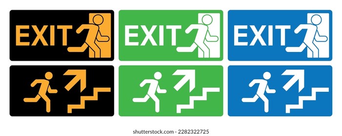 Green emergency exit sign on various color. black, green, blue, yellow, white, building safety signage