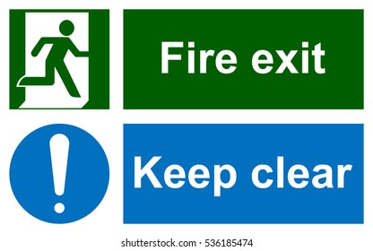 Green emergency exit sign on white