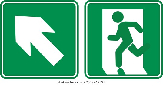 Green Emergency Exit Sign Pointing Up. Vector Icon. Warning Sign. Man Running Towards Door. Emergency Evacuation Symbol