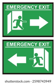 Green emergency exit stickers with directional arrows and running figure icons, ensuring clear evacuation guidance. safety signage for public and private spaces like offices, malls, or hospitals