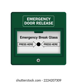 Green Emergency Exit Unlocking Box, Break Glass Operated. Emergency Door Release. A Green Emergency Door Release Button Isolated On A White Background. 