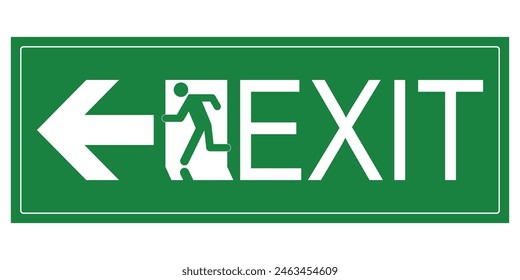Green emergency fire exit sign with running man icon to door. Warning sign plate, vector illustration.