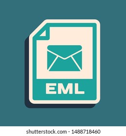 Green EML file document. Download eml button icon isolated on blue background. EML file symbol. Long shadow style. Vector Illustration