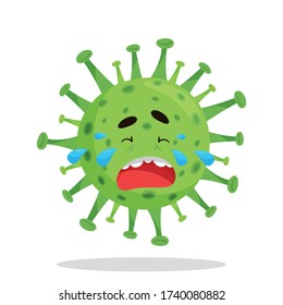 Green emoji coronovirus covid 19 crying, tears, round with spikes. Isolated vector illustration on a white background with a shadow under the character.