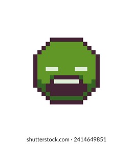 Green emoticon pixel art skinny face sick smiley cartoon character 8-bit style. Isolated abstract vector illustration.