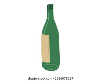 Green empty glass Wine Bottle with Label Illustration Isolated on White Background. Concept of Wine Art, Alcohol Beverage Icon, Beer Bottle, Minimalist Design, Elegant Drink, Graphic Element for Print