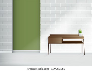 green empty interior brick wall with white vases