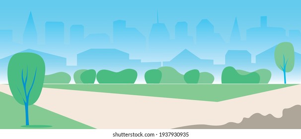 Green empty park. Flat vector drainage illustration. Empty nature, sky, trees with copy space. Lawn in the park. Blank illustration as vector template