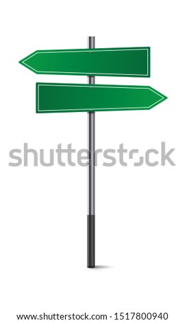 Green empty road signs. Direction Traffic sign board. Two arrows choice