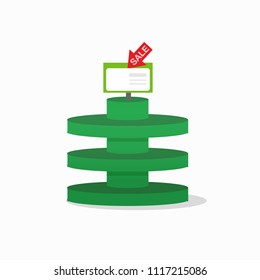 Green empty round floor display with shelves and banner. Isolated vector object for your design