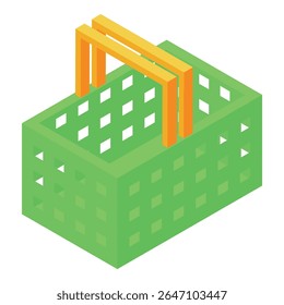 Green empty shopping basket with two yellow handles isometric view