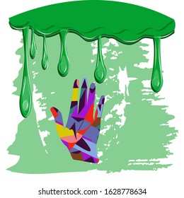 Green enamel paint dripping with drops - grunge style, - abstract hand - isolated on white background vector. Construction. Repair. Painting.