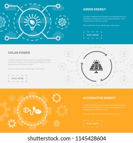 green energy 3 horizontal webpage banners template with green energy, Solar Power, Alternative energy concept icons. Flat modern isolated icon illustration.