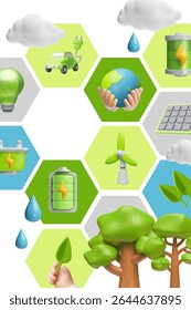Green energy 3D cartoon plastic style vector design. Volume solar panel, electric car, windmill and nature symbols. Render environmental symbols for eco-friendly, clean alternative energy