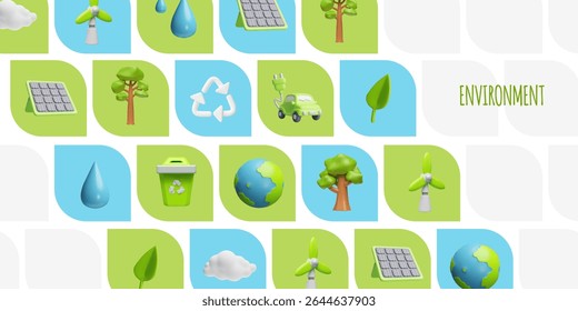 Green energy 3D cartoon plastic style vector banner design. Volume solar panel, electric car, windmill and recycle sign. Render environmental symbols for eco-friendly, clean alternative energy