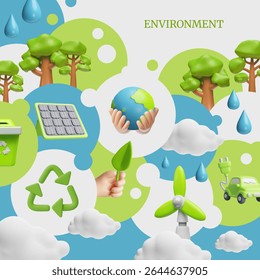 Green energy 3D cartoon plastic style vector poster design. Volume solar panel, electric car, windmill and recycle sign. Render environmental symbols for eco-friendly, clean alternative energy