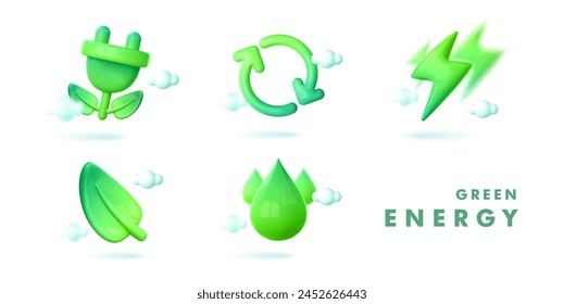 Green energy 3d icon. Green arrows recycle symbol, lightning bolt, drop water, electric charge plug,leaf. Renewable sources concept, reuse, sustainable energy, saving green planet. Vector illustration