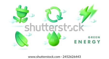 Green energy 3d icon. Green arrows recycle symbol, lightning bolt, drop water, electric charge plug,leaf. Renewable sources concept, reuse, sustainable energy, saving green planet. Vector illustration