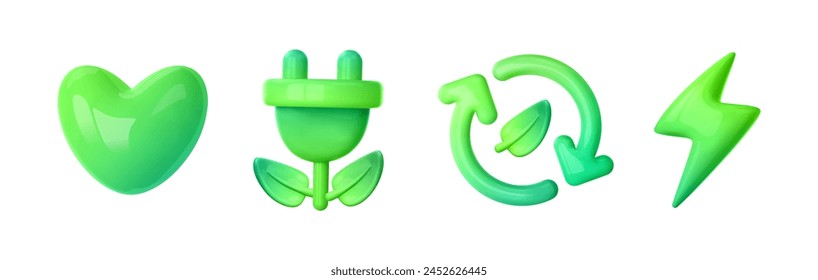 Green energy 3d icon. Green heart, arrows recycle symbol, lightning bolt , electric charge plug. Renewable sources concept, reuse, refresh, sustainable energy, saving green planet. Vector illustration