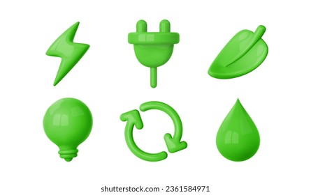 3D-Symbol für grüne Energie. Pfeile, Blitze, elektrische Stecker, Blatt, Glühbirne, Wassertropfen. Esg, nachhaltige Energie, Ökokonzept-Element. Vektorgrafik