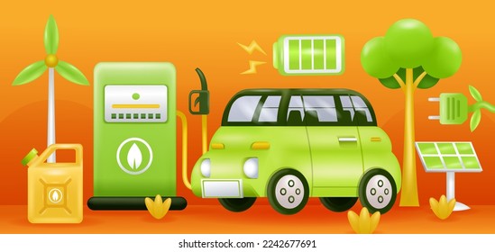 Green Energy. 3d illustration of electric car, gas station, solar panel, wind turbine and battery