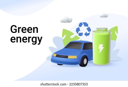 Green energy 3D render Background. Modern eco car with solar energy panels and smart battery technology.Website template, banner Electric car near charging station. Renewable energy