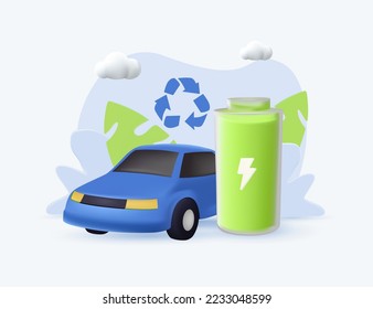 Green energy 3D render illustration. Modern eco car solar energy panels and smart battery technology. Electric car near charging station. Renewable energy concept. Vector illustration render 3D icon