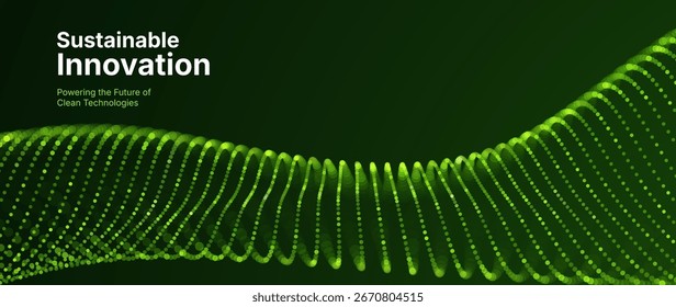 Green Energy Abstract Tech Background with Flowing Dots Futuristic Grid. Sustainable Innovation Eco Clean Energy Technology Concept. Vector Illustration.
