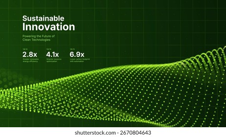 Green Energy Abstract Tech Background with Flowing Dots Futuristic Grid. Sustainable Innovation Eco Clean Energy Technology Concept. Vector Illustration.
