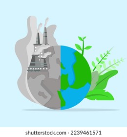 green energy and air pollution concept. Coal power plants produce polluting CO2 emissions and are clean, sustainable plants with renewable energy. Climate change concept. Vector