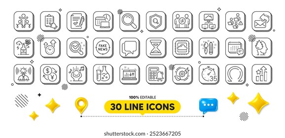 Green energy, Alcohol addiction and Sound check line icons pack. 3d design elements. Approved agreement, Omega, Search web icon. Chemistry lab, Work time, Inclusion pictogram. Vector