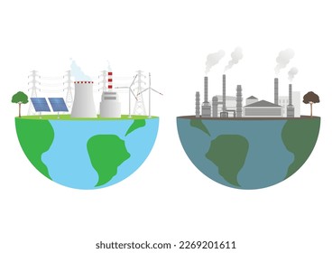 Green Energy. Alternative clean Energy. Renewable energy sources. Eco Friendly Concept. And Air pollution and Factory. Vector Illustration. 