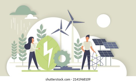 Green Energy And Alternative Eco Friendly Future Technology. Tiny People With Solar Panels, Wind Mill Turbine Generator For Saving Ecology And Environmental Ecosystem 3d Flat Vector Illustration