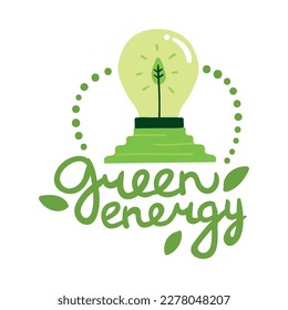 Green energy alternative sources flat emblem with text and light bulb vector illustration