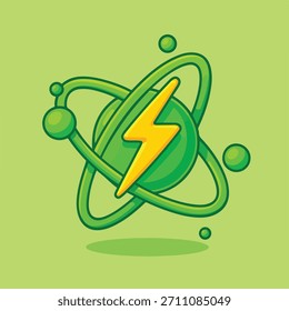 Vetor de Desenho Animado com Ícone de Relâmpago de Átomo de Energia Verde