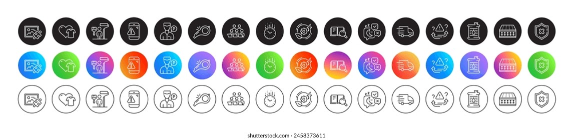 Green energy, Attention and Whistle line icons. Round icon gradient buttons. Pack of Flexible mattress, Valet servant, Truck delivery icon. Oil barrel, Warning message, Sleep pictogram. Vector