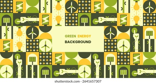 Green energy background with renewable power icons.