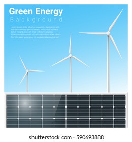 Green energy background with solar panel and wind turbine , vector , illustration