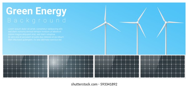 Green energy background with solar panel and wind turbine , vector , illustration