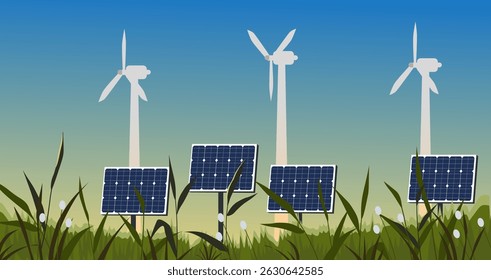 Green energy background windmill and solar panel in the field 