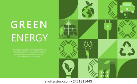 Ilustración vectorial de diseño de banner de energía verde. Medio Ambiente, Energía Renovable, Energía Limpia, Cero Residuos.