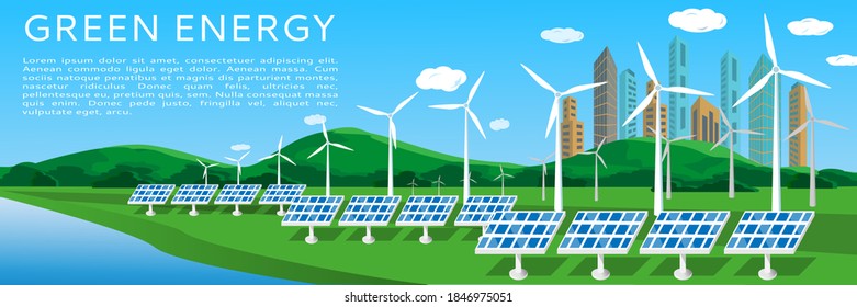 Pancarta de energía verde con paneles solares y turbinas eólicas sobre el fondo del paisaje urbano y de verano. Fuentes de energía alternativa renovables. Ilustración vectorial, lugar del texto