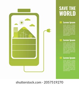 Green energy banner template. Infographic of Save the World. Sustainable battery with metaphor creative flat elements. Nature energy development.