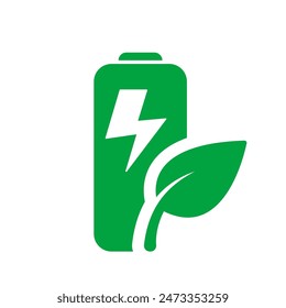 Green Energy Battery Icon With A Leaf Symbolizing Renewable Energy And Sustainable Practices. Vector Sign