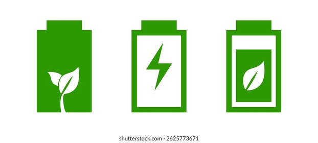 Green Energy Battery icon set, Isolated Clean power symbol on tranparent background, ECO friendly graphic elements, Editable stock.