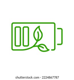 Green Energy, Battery with Leaf Line Icon. Renewable Accumulator with Plant Linear Pictogram. Eco Rechargeable Energy Outline Symbol. Editable Stroke. Isolated Vector Illustration.