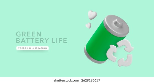 Green Energy Battery With Recycle Symbol and Hearts Representing Eco-Friendly Power, Sustainability, and Renewable Energy Concepts. Perfect for Clean Tech Projects. Vector Illustration.