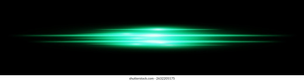 Green energy beam. Bright horizontal streaks with layered glow and radiant effect on black background. Great for power, sci-fi, motion, tech, future design.